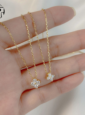 惊小鸿《闻香》S925纯银镀14K金镶锆石项链 闪钻四叶草百搭锁骨链