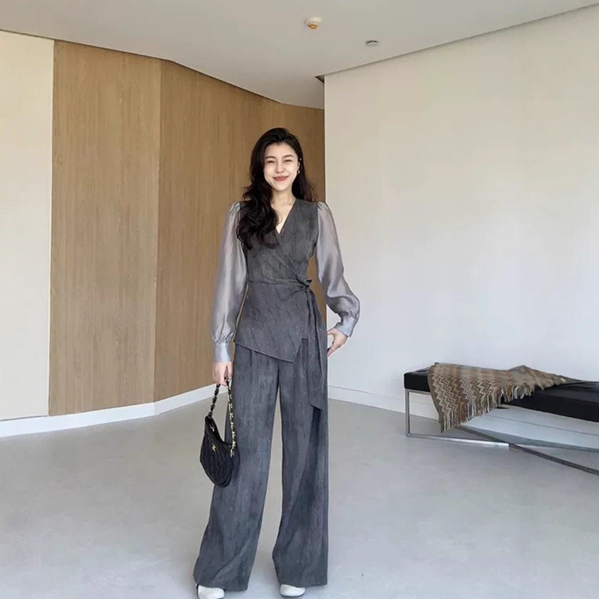 早秋新款大码时尚休闲假两件套装女胖mm宽松休闲上衣阔腿裤25126