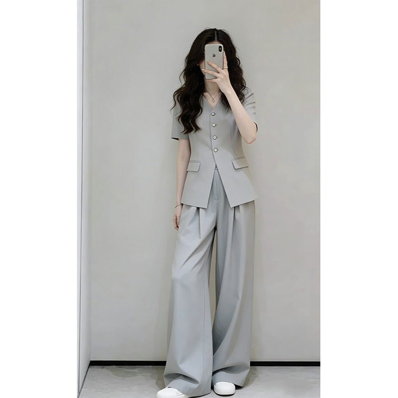 感大码薄款短袖西装套装女夏季新款韩系胖mm阔腿裤两件套2660