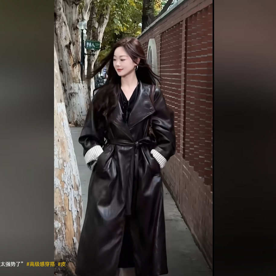 爆款秋冬大码长款西装皮衣外套女胖mm网红过膝pu皮大衣25178