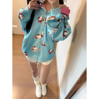国潮牌可爱减龄kitty猫满印卫衣女秋季休闲宽松显瘦开衫连帽外套