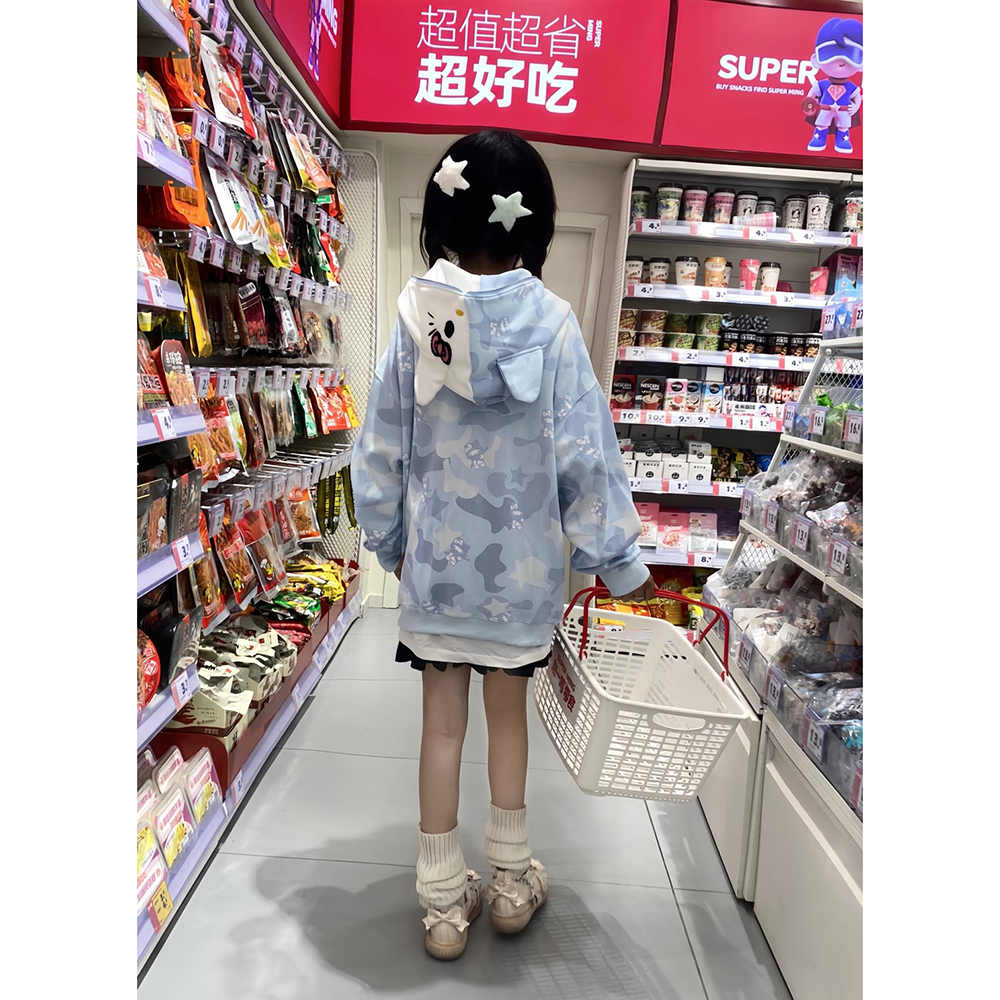 韩系小众凯蒂猫开衫满印卫衣女秋冬季宽松oversize慵懒风连帽外套