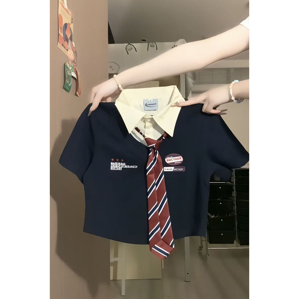 美式正肩polo领带假两件短袖t恤女夏季小众设计感学院风短款上衣
