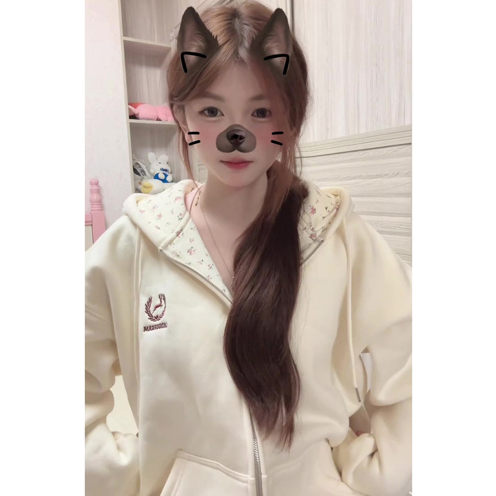 美式奶杏色刺绣连帽卫衣女秋冬宽松oversize复古休闲百搭拉链外套