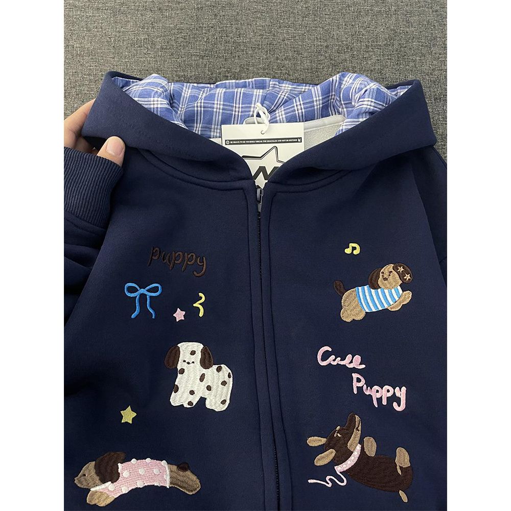 美式拼接格子小狗刺绣卫衣女秋冬加绒宽松慵懒chic开衫假两件外套