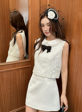 AIALA LUMENA-夏上新复古甜美风珍珠蝴蝶结无袖衫木耳边娃S20315A