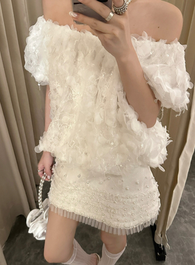 AIALA LUMENA-夏上新轻奢珍珠蕾丝高腰显瘦网纱拼接气质包B20380A