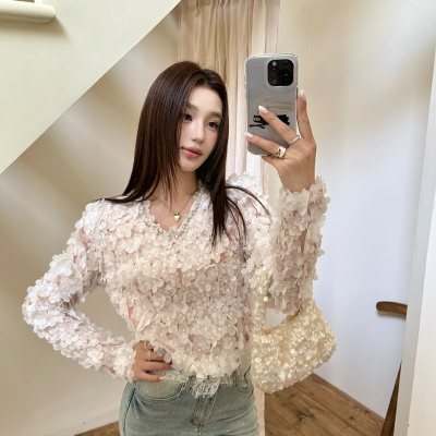 AIALA LUMENA-26年春款重工立体花瓣亮片V领水钻收腰显瘦S20360A