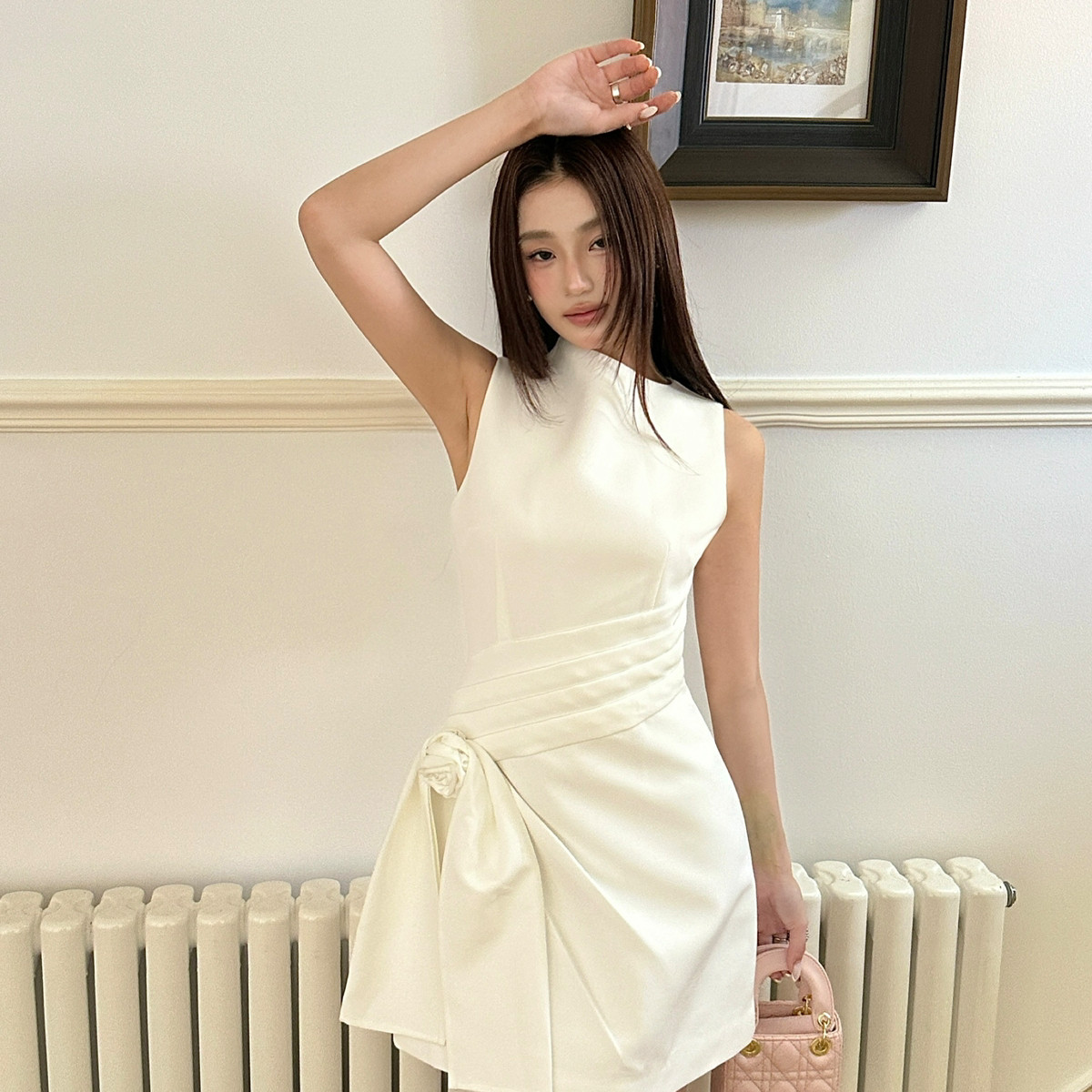 AIALA LUMENA-设计师款不对称立领蝴蝶结无袖连衣裙收腰显L20231