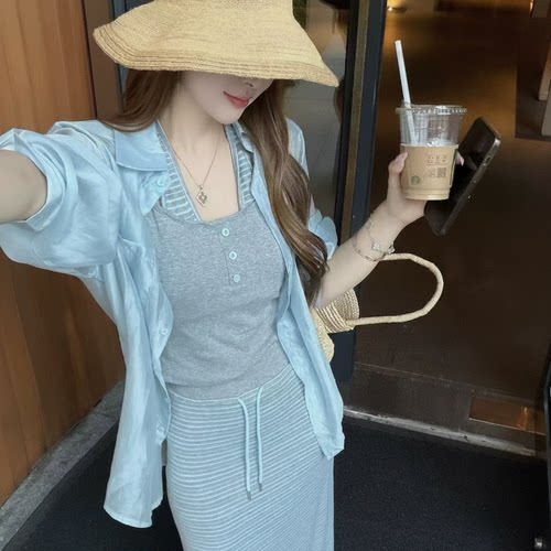 橘小如-26夏上新条纹拼接假两件背心+防晒衬衫+条纹抽绳半身F5273