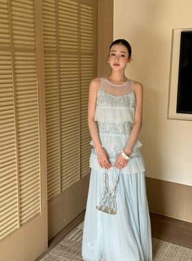 AIALA LUMENA-夏上新法式浪漫高定印花修身长款吊带裙连衣L20397