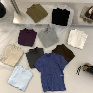 MZI STUDIO-店长强推多色可选韩版秋季半高领正肩净色短袖TZ367#