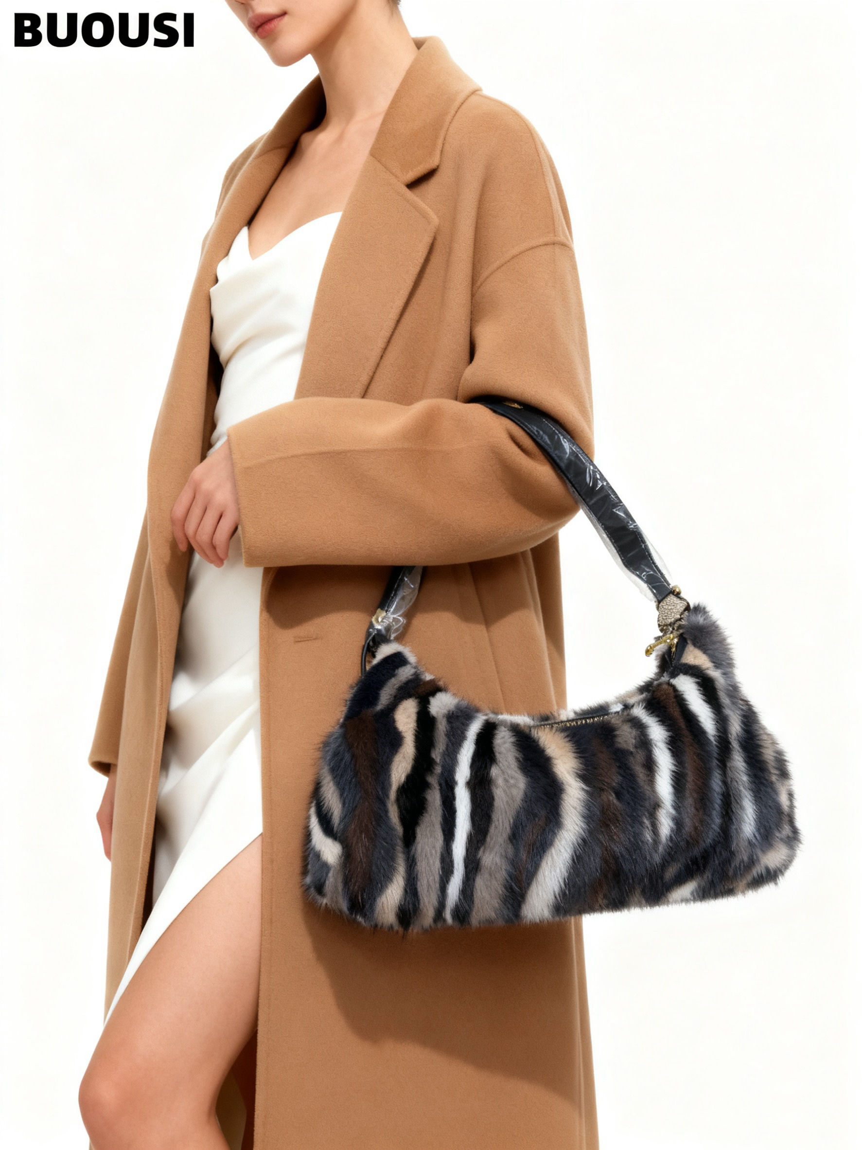 真水貂毛法棍包女2025新款潮韩版单肩腋下包皮草小众设计感手提包