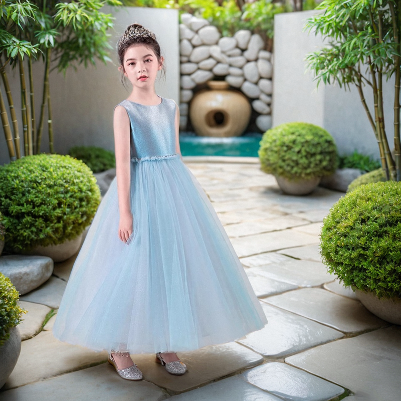 顶芭莎女童蓝色蓬蓬纱晚礼服