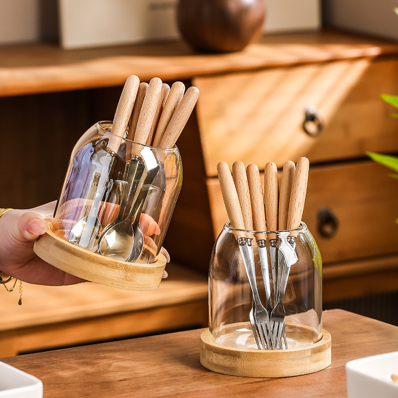 创意家用水果叉收纳罐甜品勺水果签置物架日式木柄不锈钢果叉果勺