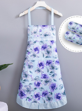 伯母亲姑姑阿姨紫色印花套头围裙夏薄款家用厨房工作服罩衣围兜兜
