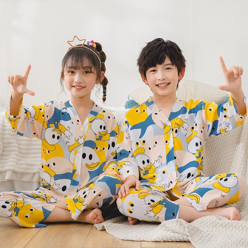 儿童睡衣男孩夏季薄款男童棉绸开衫夏天宝宝中大童绵绸长袖空调服