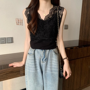 RM13951#大码夏季蕾丝拼接内搭吊带显瘦遮肚罗文纯色背心女
