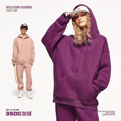 inflation美式街头350G重磅加绒纯色连帽卫衣宽松男女款套头上衣