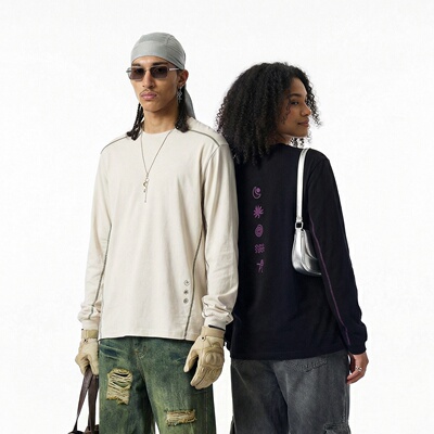 inflation新品美式棉麻撞色线户外长袖26春季潮牌跨境运动T恤男女