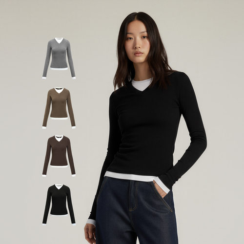 inflation 假两件V领撞色上衣25秋季新品修身休闲百搭女装长袖T恤