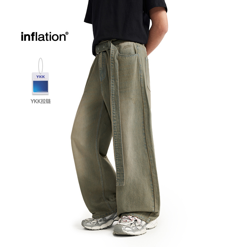inflation 洗水牛仔裤配腰带2024春夏潮牌新品宽松街头男式