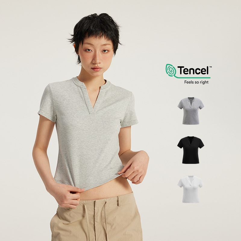 美式街头兰精天丝Tencel™V领正肩短袖T恤女2025夏季修身短款上衣