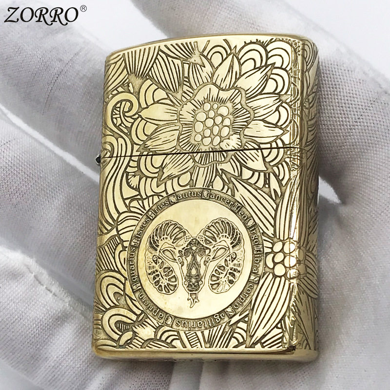 ZORRO佐罗黄铜十二星座煤油打火机精雕刻量厂家送礼男士正品批发