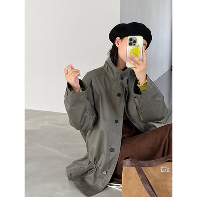 江左 知识分子风 韩系休闲立领抽绳显瘦中长款设计感风衣女 1677