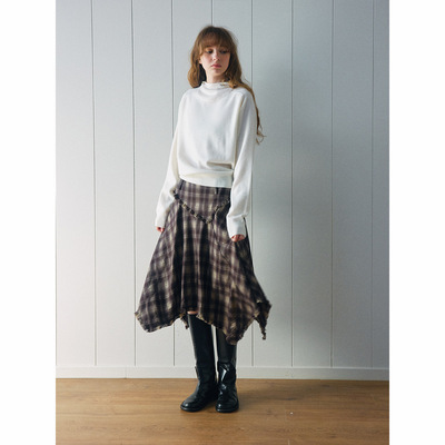 【玳禾】秋季新款休闲格纹不规则经典百搭中长款A字半身裙女H9883