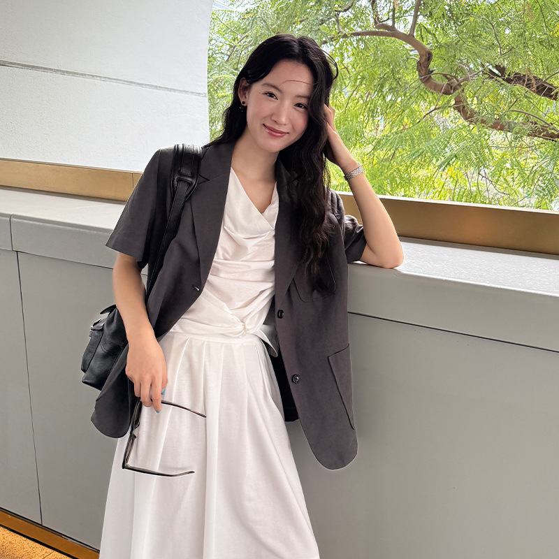 Fu 亚麻薄款短袖宽松小西装外套女2025夏季新款通勤气质上衣3922