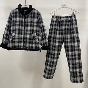 精雅梭织色织格夹棉套里女士休闲拉链立领家居服套装8582702
