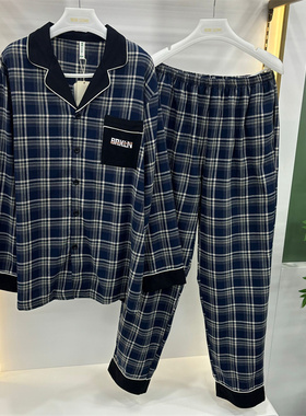 24秋季新款随棉睡衣男士提格绒棉翻领格子长袖长裤家居服ED24114