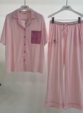 亲嘴猫正品26新款夏季莫代尔棉可外穿女短袖开衫条纹家居服X62333