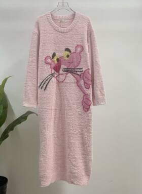 亲嘴猫实体25新款粉红豹半边绒女睡袍裙加厚保暖家居服59107