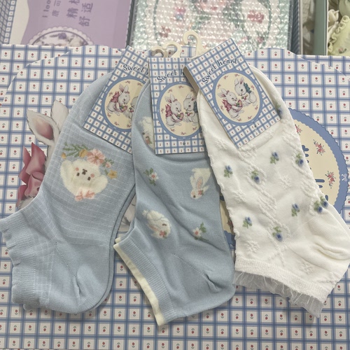 卡拉美拉正品浅蓝系小碎花竹纤维舒适透气少女薄款短袜H510824X-4