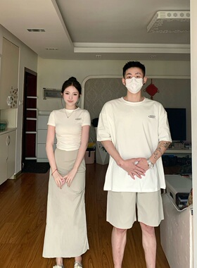 情侣装夏款美式露肚脐白色正肩t恤辣妹开衩工装裙两件套一衣一裙