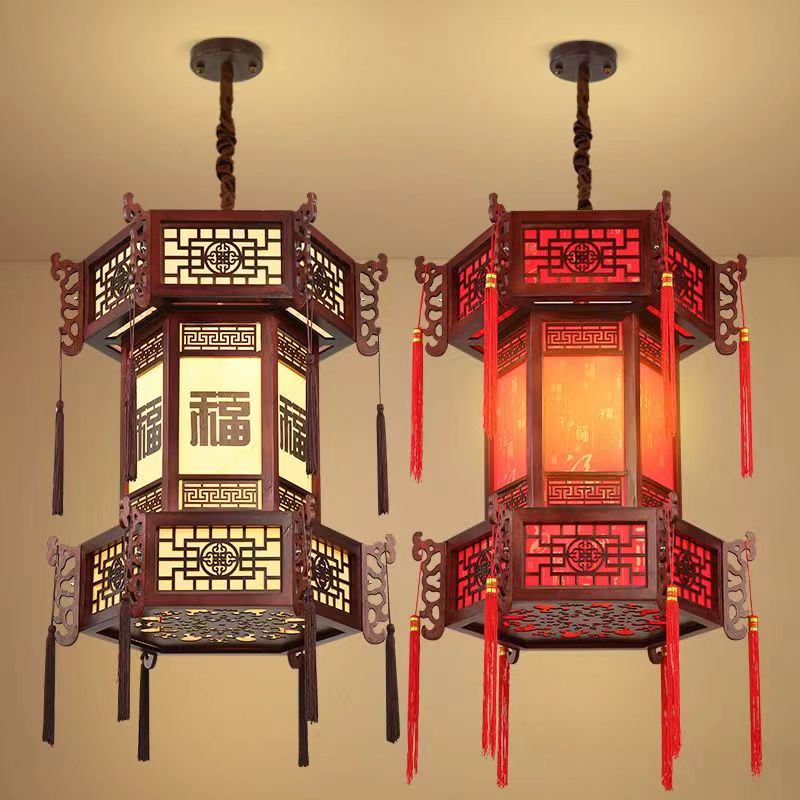 中式实木宫灯仿古羊皮吊灯宫廷别墅酒店古风寺庙长廊凉亭六角灯笼