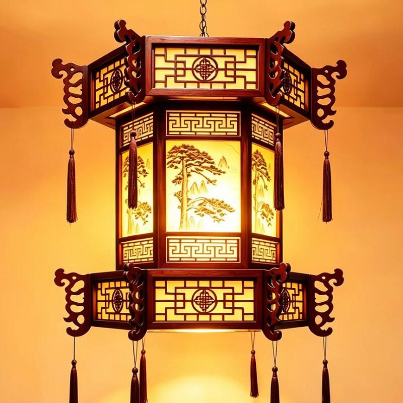 中式实木宫灯仿古羊皮吊灯宫廷别墅酒店古风寺庙长廊凉亭六角灯笼