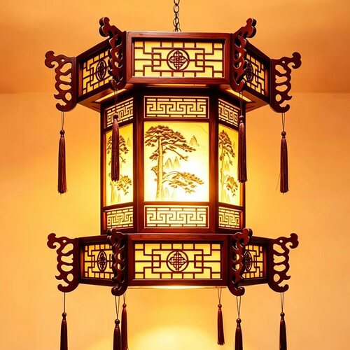 中式实木宫灯仿古羊皮吊灯宫廷别墅酒店古风寺庙长廊凉亭六角灯笼