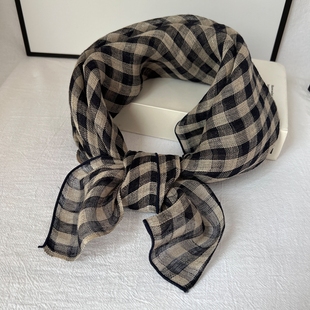 黑白格子纯亚麻小方巾女士春秋夏季薄款围巾百搭装饰复古防晒丝巾