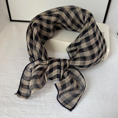 黑白格子纯亚麻小方巾女春秋丝巾