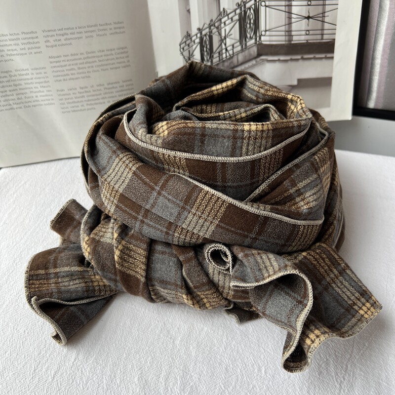 蓝咖色格子围巾女秋冬季新款英伦高级感百搭复古学生护颈保暖围脖
