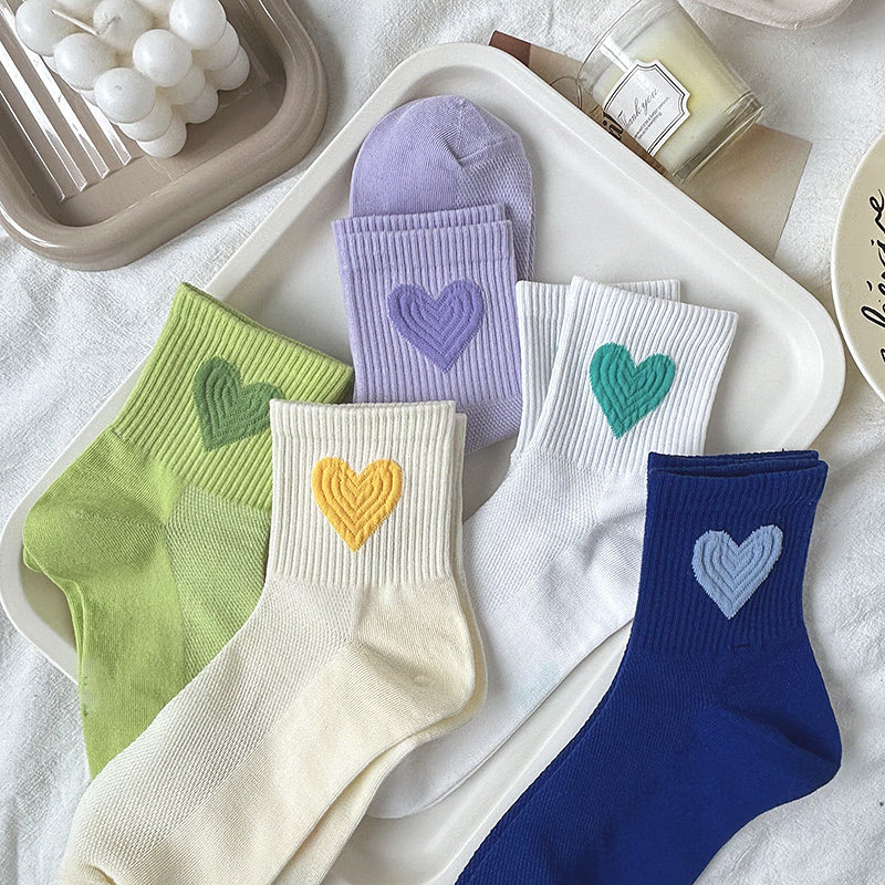 立体爱心纯棉袜子女中筒袜网眼透气可爱日系百搭吸汗运动夏季薄款