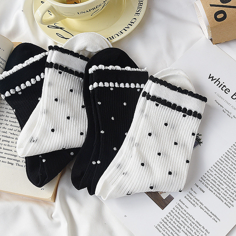 波点双层花边袜子女中筒袜夏季薄款黑白ins潮堆堆袜miu风长筒韩系