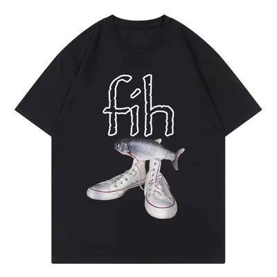 新款鱼鞋图形T恤有趣的拼写错误的鱼梗短袖男女休闲时尚大学生TEE