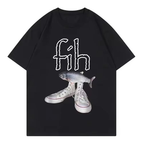 新款鱼鞋图形T恤有趣的拼写错误的鱼梗短袖男女休闲时尚大学生TEE