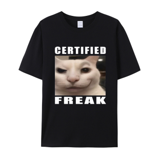 上衣 男女情侣款 怪猫meme表情包印花棉短袖 T恤有个性