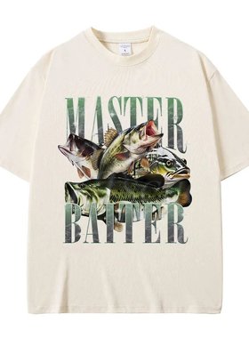 Master Baiter Bass Fishing 趣味鱼图案印花短袖T恤男女纯棉上衣