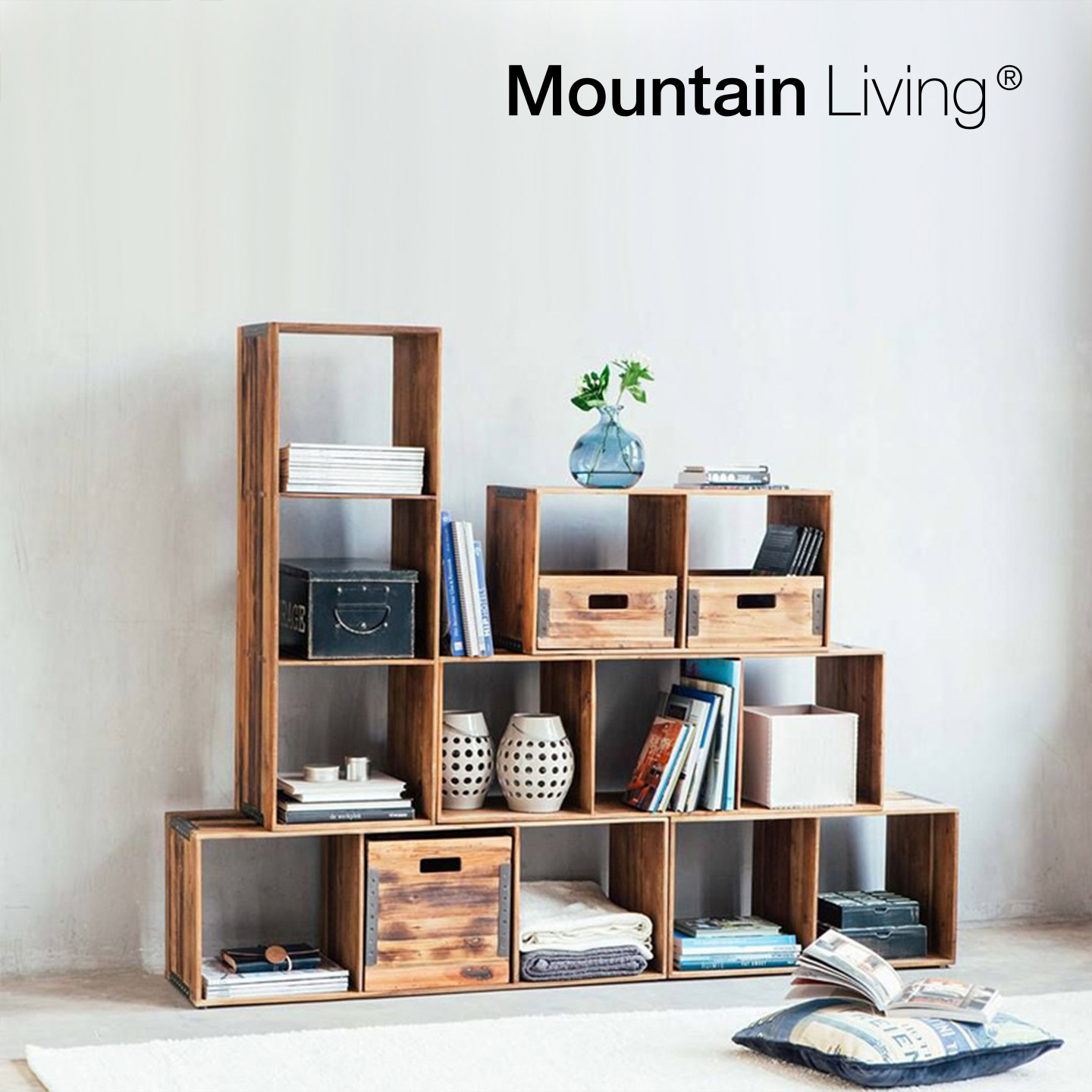 Mountain Living进口老柚木家具实木置物架组合落地置物箱格子柜